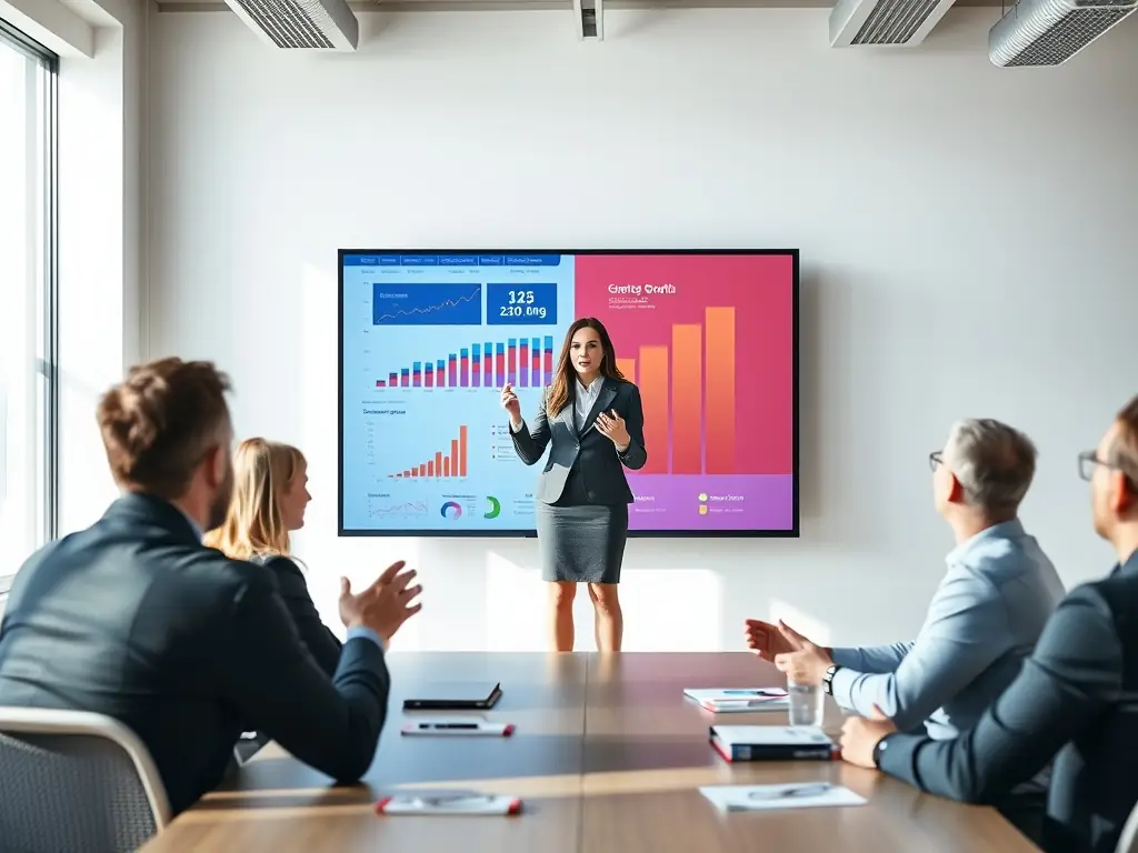 A photograph of a consultant presenting data and insights to a tourism board, illustrating the analytical approach used in Flourish Destination's consulting services.