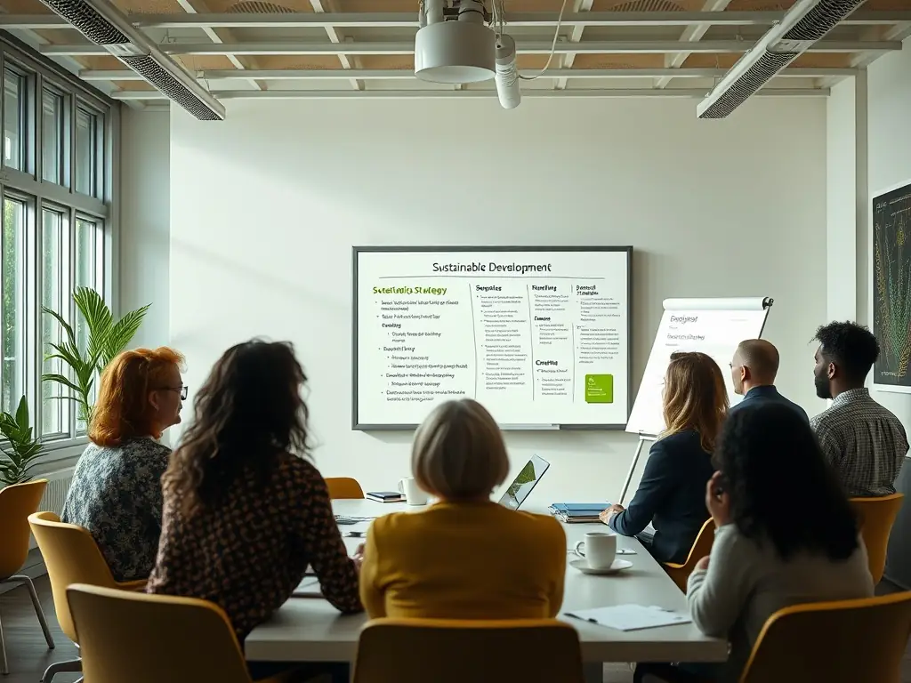 A visual representation of a strategic planning session with stakeholders discussing tourism initiatives, emphasizing collaboration and forward-thinking.